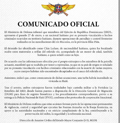Ministerio de Defensa informa sobre detención de nacional haitiano en zona fronteriza de Elías Piña